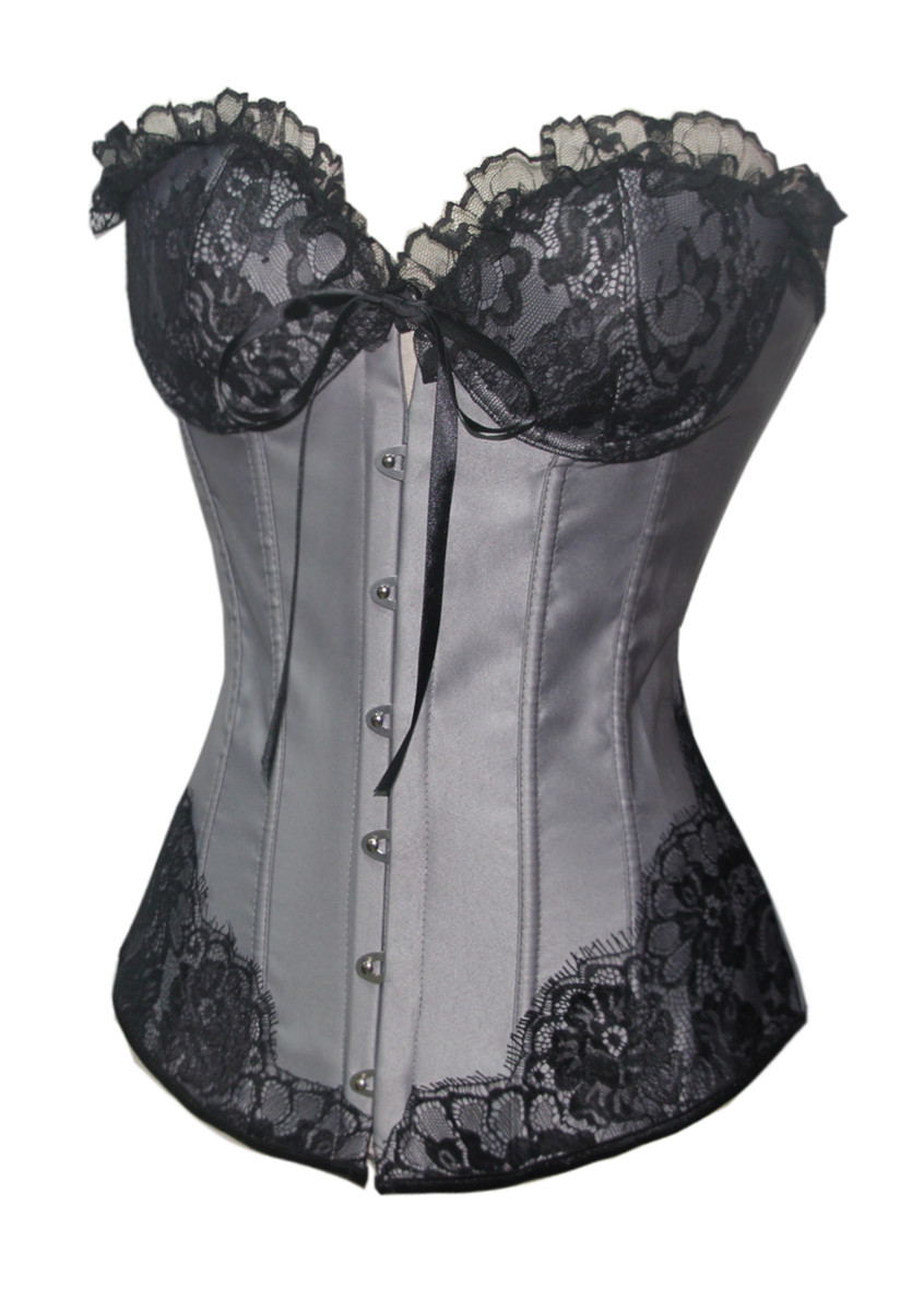 Grey Floral Lace Strapless Overbust Corset